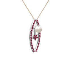 Lenta İnci Kolye - Inci ve rodolit garnet 18 ayar beyaz altın kolye (40 cm rose altın rolo zincir) #148uq6p