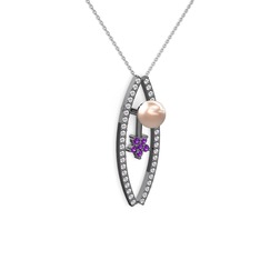 Lenta İnci Kolye - Pembe inci, swarovski ve ametist 925 ayar siyah rodyum kaplama gümüş kolye (40 cm beyaz altın rolo zincir) #15auqfc