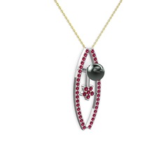 Siyah inci ve rodolit garnet 925 ayar gümüş kolye (40 cm altın rolo zincir)