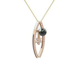 Lenta İnci Kolye - Siyah inci, pırlanta ve swarovski 8 ayar rose altın kolye (0.3 karat, 40 cm altın rolo zincir) #15fufop