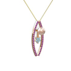 Pembe inci, ametist ve akuamarin 925 ayar rose altın kaplama gümüş kolye (40 cm altın rolo zincir)