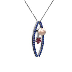 Lenta İnci Kolye - Pembe inci, lab safir ve rodolit garnet 925 ayar siyah rodyum kaplama gümüş kolye (40 cm gümüş rolo zincir) #15jqis1