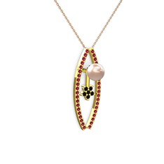 Pembe inci, rodolit garnet ve siyah zirkon 925 ayar altın kaplama gümüş kolye (40 cm rose altın rolo zincir)