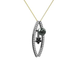 Siyah inci, swarovski ve siyah zirkon 925 ayar siyah rodyum kaplama gümüş kolye (40 cm altın rolo zincir)