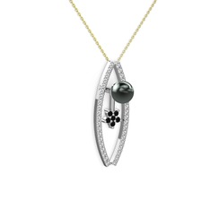 Siyah inci, pırlanta ve siyah zirkon 925 ayar gümüş kolye (0.3 karat, 40 cm altın rolo zincir)