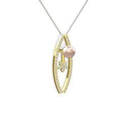 Lenta İnci Kolye - Pembe inci, pırlanta ve swarovski 8 ayar altın kolye (0.3 karat, 40 cm beyaz altın rolo zincir) #15yg7o3