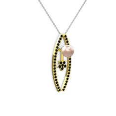 Pembe inci ve siyah zirkon 925 ayar altın kaplama gümüş kolye (40 cm beyaz altın rolo zincir)