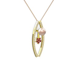 Pembe inci, swarovski ve rodolit garnet 18 ayar altın kolye (40 cm gümüş rolo zincir)