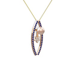 Lenta İnci Kolye - Pembe inci, lab safir ve swarovski 8 ayar rose altın kolye (40 cm altın rolo zincir) #164ucai