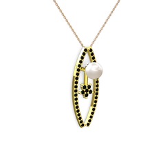 Lenta İnci Kolye - Inci ve siyah zirkon 925 ayar altın kaplama gümüş kolye (40 cm rose altın rolo zincir) #166rixk