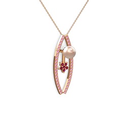 Lenta İnci Kolye - Pembe inci, pembe kuvars ve rodolit garnet 18 ayar rose altın kolye (40 cm rose altın rolo zincir) #167inb