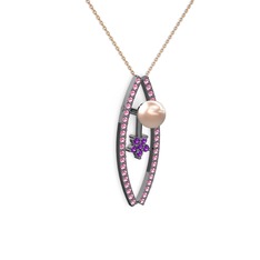 Pembe inci, pembe kuvars ve ametist 925 ayar siyah rodyum kaplama gümüş kolye (40 cm rose altın rolo zincir)