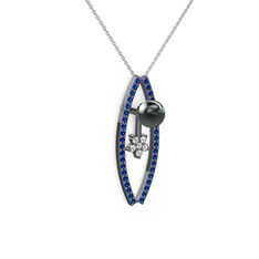 Lenta İnci Kolye - Siyah inci, lab safir ve swarovski 925 ayar siyah rodyum kaplama gümüş kolye (40 cm gümüş rolo zincir) #16kvsw6