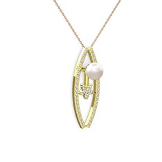 Lenta İnci Kolye - Inci, swarovski ve pırlanta 8 ayar altın kolye (0.066 karat, 40 cm rose altın rolo zincir) #16m26cq