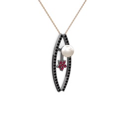 Lenta İnci Kolye - Inci, siyah zirkon ve rodolit garnet 925 ayar siyah rodyum kaplama gümüş kolye (40 cm rose altın rolo zincir) #16sqzyy