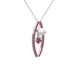 Lenta İnci Kolye - Inci ve rodolit garnet 14 ayar beyaz altın kolye (40 cm beyaz altın rolo zincir) #16uf87w