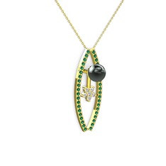 Lenta İnci Kolye - Siyah inci, yeşil kuvars ve swarovski 925 ayar altın kaplama gümüş kolye (40 cm altın rolo zincir) #16vsmvh