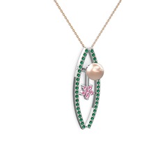 Pembe inci, yeşil kuvars ve pembe kuvars 925 ayar gümüş kolye (40 cm rose altın rolo zincir)