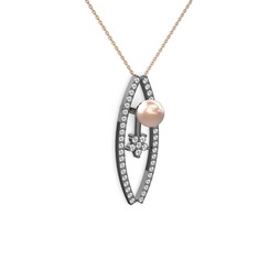 Lenta İnci Kolye - Pembe inci, swarovski ve pırlanta 925 ayar siyah rodyum kaplama gümüş kolye (0.066 karat, 40 cm rose altın rolo zincir) #17eqgvm