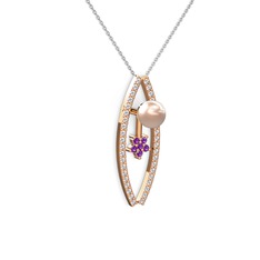 Lenta İnci Kolye - Pembe inci, swarovski ve ametist 8 ayar rose altın kolye (40 cm beyaz altın rolo zincir) #17n7ea2