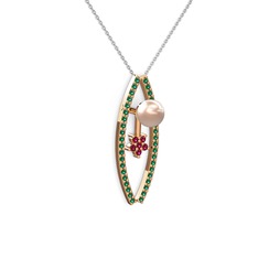 Lenta İnci Kolye - Pembe inci, yeşil kuvars ve rodolit garnet 8 ayar rose altın kolye (40 cm beyaz altın rolo zincir) #17re8zt