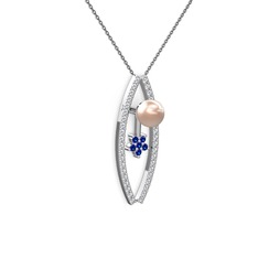 Lenta İnci Kolye - Pembe inci, swarovski ve lab safir 8 ayar beyaz altın kolye (40 cm gümüş rolo zincir) #17xje33