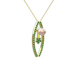Lenta İnci Kolye - Pembe inci ve yeşil kuvars 18 ayar altın kolye (40 cm altın rolo zincir) #17xmysb