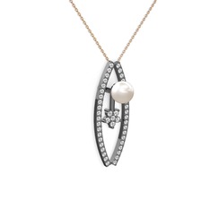 Lenta İnci Kolye - Inci, swarovski ve pırlanta 925 ayar siyah rodyum kaplama gümüş kolye (0.066 karat, 40 cm gümüş rolo zincir) #17xzahh