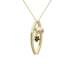 Lenta İnci Kolye - Pembe inci, swarovski ve siyah zirkon 14 ayar altın kolye (40 cm altın rolo zincir) #180vd6b