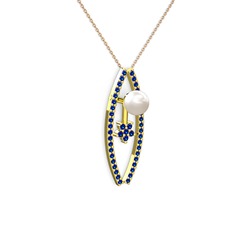 Lenta İnci Kolye - Inci ve lab safir 925 ayar altın kaplama gümüş kolye (40 cm rose altın rolo zincir) #182ev8d