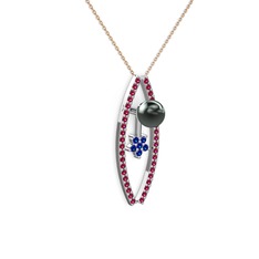 Siyah inci, rodolit garnet ve lab safir 925 ayar gümüş kolye (40 cm rose altın rolo zincir)