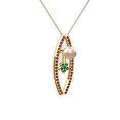 Pembe inci, rodolit garnet ve yeşil kuvars 925 ayar altın kaplama gümüş kolye (40 cm rose altın rolo zincir)