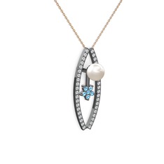 Lenta İnci Kolye - Inci, swarovski ve akuamarin 925 ayar siyah rodyum kaplama gümüş kolye (40 cm rose altın rolo zincir) #18ecvhh