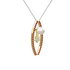 Lenta İnci Kolye - Inci, rodolit garnet ve pırlanta 18 ayar altın kolye (0.066 karat, 40 cm gümüş rolo zincir) #18m1j6b
