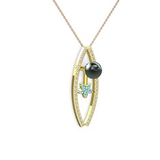 Siyah inci, swarovski ve akuamarin 925 ayar altın kaplama gümüş kolye (40 cm rose altın rolo zincir)