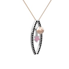 Pembe inci, siyah zirkon ve pembe kuvars 18 ayar beyaz altın kolye (40 cm rose altın rolo zincir)