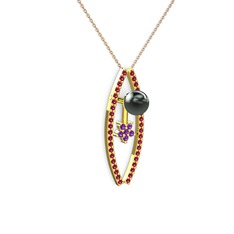Siyah inci, rodolit garnet ve ametist 18 ayar altın kolye (40 cm rose altın rolo zincir)