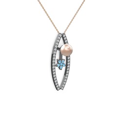 Pembe inci, swarovski ve akuamarin 925 ayar siyah rodyum kaplama gümüş kolye (40 cm gümüş rolo zincir)