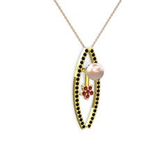 Lenta İnci Kolye - Pembe inci, siyah zirkon ve rodolit garnet 8 ayar altın kolye (40 cm rose altın rolo zincir) #19afv6p