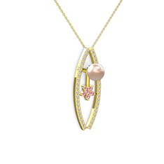 Pembe inci, pırlanta ve pembe kuvars 18 ayar altın kolye (0.3 karat, 40 cm altın rolo zincir)