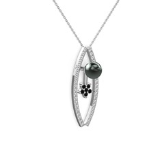 Siyah inci, swarovski ve siyah zirkon 14 ayar beyaz altın kolye (40 cm beyaz altın rolo zincir)