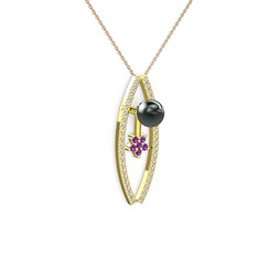 Siyah inci, swarovski ve ametist 925 ayar altın kaplama gümüş kolye (40 cm rose altın rolo zincir)