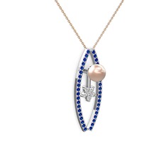 Pembe inci, lab safir ve swarovski 14 ayar beyaz altın kolye (40 cm rose altın rolo zincir)