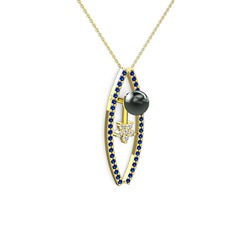 Lenta İnci Kolye - Siyah inci, lab safir ve swarovski 14 ayar altın kolye (40 cm altın rolo zincir) #19uew6c