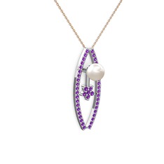 Lenta İnci Kolye - Inci ve ametist 14 ayar beyaz altın kolye (40 cm rose altın rolo zincir) #1a0xch