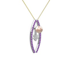 Lenta İnci Kolye - Pembe inci, ametist ve swarovski 14 ayar beyaz altın kolye (40 cm altın rolo zincir) #1a1b044