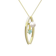 Lenta İnci Kolye - Inci, swarovski ve akuamarin 925 ayar altın kaplama gümüş kolye (40 cm altın rolo zincir) #1a5n8og