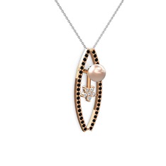 Lenta İnci Kolye - Pembe inci, siyah zirkon ve swarovski 8 ayar rose altın kolye (40 cm beyaz altın rolo zincir) #1a8t911