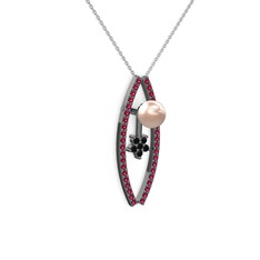 Pembe inci, rodolit garnet ve siyah zirkon 925 ayar siyah rodyum kaplama gümüş kolye (40 cm gümüş rolo zincir)