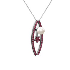 Lenta İnci Kolye - Inci ve rodolit garnet 925 ayar siyah rodyum kaplama gümüş kolye (40 cm beyaz altın rolo zincir) #1ae2ndl